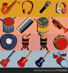 Hand drawn musical instruments icon set on colourful background. Collection of symbols: guitars, drum set, synthesizer, vinyl disk, microphone, trumpet, saxophone, headphones, tambourine. . Hand drawn musical instruments colour backdrop
