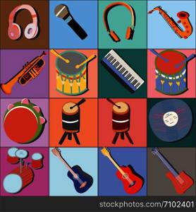 Hand drawn musical instruments icon set on colourful squares. Collection of symbols: guitars, drum set, synthesizer, vinyl disk, microphone, trumpet, saxophone, headphones, tambourine. . Hand drawn music instruments icon colourful squares