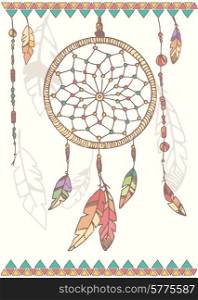 Hand drawn native american dream catcher, beads and feathers, vector illustration