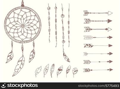 Hand drawn native american feathers, dream catcher, beads and arrows, vector illustration
