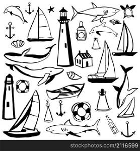 Hand drawn nautical icon set.Vector sketch illustration.. Hand drawn nautical icon set. . Vector sketch illustration.