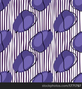 Hand drawn navy blue contoured plums shapes seamless pattern. Striped white and blue background. Fruit ornament. Perfect for fabric design, textile print, wrapping, cover. Vector illustration.. Hand drawn navy blue contoured plums shapes seamless pattern. Striped white and blue background. Fruit ornament.