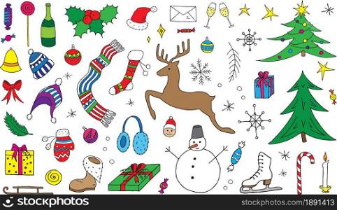 Hand drawn New year and christmas colorful elements collection set. Vector illustration.