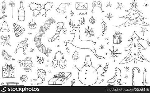 Hand drawn New year and christmas elements collection set. Vector illustration.