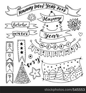 Hand drawn New Year collection with ribbons and decorations. Christmas vector elements. New year tree illustration. Hand drawn New Year collection with ribbons and decorations. Christmas vector elements. New year tree illustration.