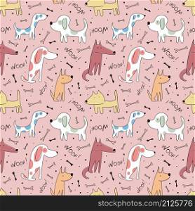 Hand drawn nice dogs seamless pattern for textile, wallpaper, prints, fabric, clothes for children. Vector illustration.