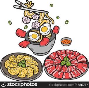 Hand Drawn Noodles and Gyoza Chinese and Japanese food illustration isolated on background