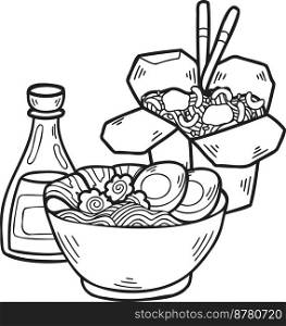 Hand Drawn Noodles and Instant Noodles Chinese and Japanese food illustration isolated on background