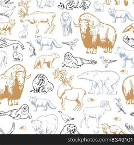 Hand-drawn northern animals and birds. Vector  seamless pattern..  Vector   pattern with  northern animals and birds.