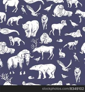 Hand-drawn northern animals and birds. Vector  seamless pattern..  Vector   pattern with  northern animals and birds.