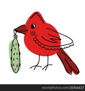 Hand drawn Northern cardinal bird with christmas pickle in beak. Perfect for T-shirt, poster, greeting card and print. Hand drawn vector illustration for decor and design.