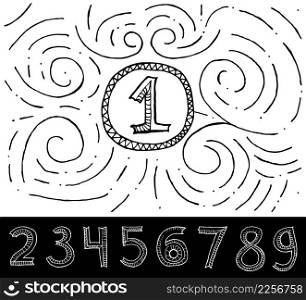Hand Drawn Numbers with swirl pattern on white background. Vector Illustration.