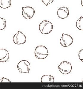 Hand drawn nuts. Macadamia on white background. Vector seamless pattern.. Hand drawn macadamia. Vector pattern.