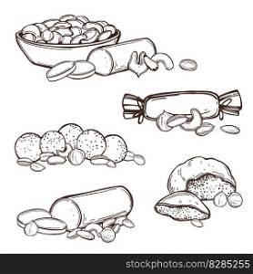 Hand-drawn nuts. Marzipan. Vector sketch  illustration. . Nuts. Marzipan. Sketch  illustration. 