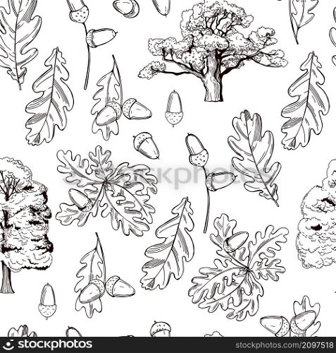 Hand drawn oak set. Trees, leaves and acorns. Vector seamless pattern.. Vector pattern with oak trees .