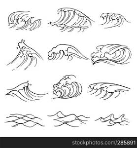 Hand drawn ocean waves vector set. Sea storm wave isolated. Nature wave water storm linear style illustration. Hand drawn ocean waves vector set. Sea storm wave isolated