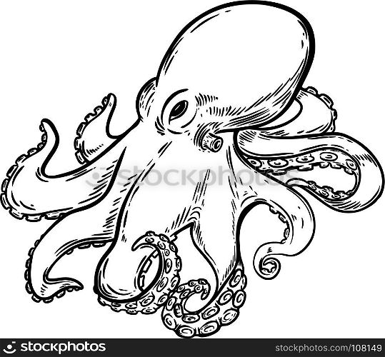 Hand drawn octopus illustration isolated on white background. Design element for menu, poster, emblem, sign. Vector illustration
