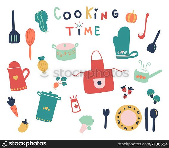 Hand drawn of cute kitchen tools and ready fpr cooking time on white background.