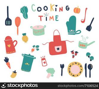 Hand drawn of cute kitchen tools and ready fpr cooking time on white background.