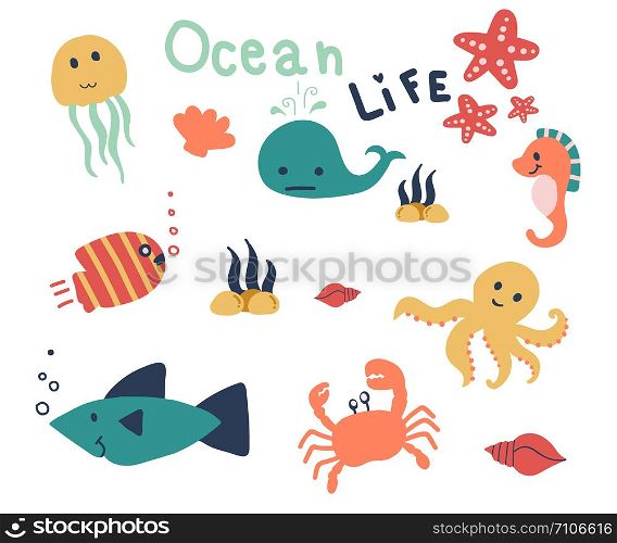 Hand drawn of sea life, cute animal in the ocean isolated on white background.