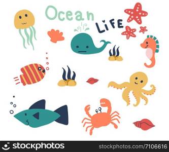 Hand drawn of sea life, cute animal in the ocean isolated on white background.
