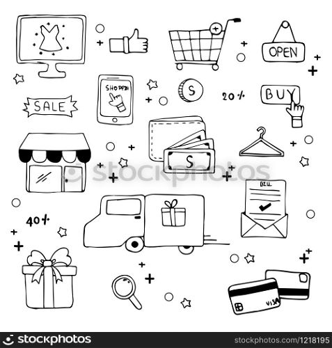 Hand drawn of shopping doodle art vector design. Ecommerce shopping concept,