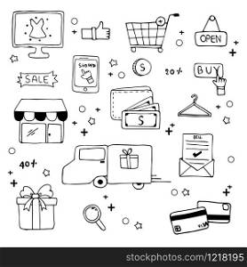 Hand drawn of shopping doodle art vector design. Ecommerce shopping concept,