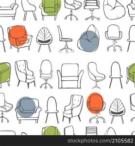 Hand drawn office chairs and armchairs. Vector seamless pattern. Office chairs and armchairs. Vector seamless pattern