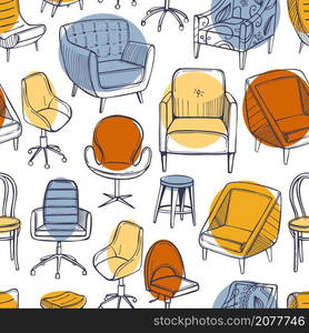 Hand drawn office chairs and armchairs. Vector seamless pattern.. Office chairs and armchairs. Vector pattern.