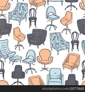 Hand drawn office chairs and armchairs. Vector seamless pattern.. Office chairs and armchairs. Vector pattern.