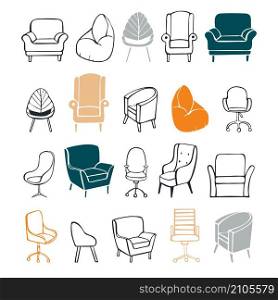 Hand drawn office chairs and armchairs. Vector sketch illustration.. Office chairs and armchairs.