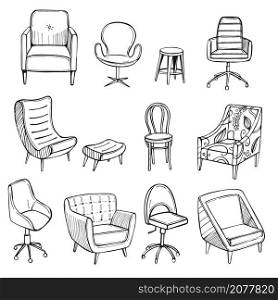 Hand drawn office chairs and armchairs. Vector sketch illustration.. Office chairs and armchairs. Vector illustration.