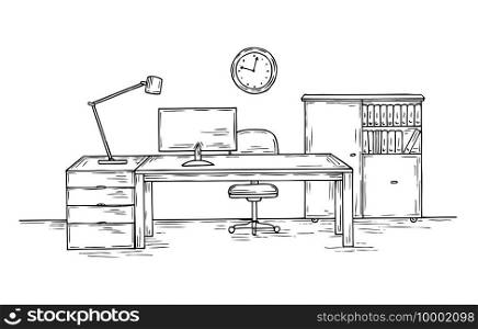 Hand drawn office. Sketch desk with chair computer and l&. Home officer room interior vector background. Office workspace, illustration of monitor and indoor room sketch. Hand drawn office. Sketch desk with chair computer and l&. Home officer room interior vector background