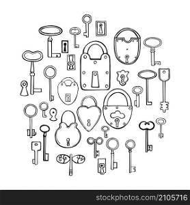 Hand drawn old keys and locks. Vector sketch illustration.. Old keys and locks. Vector illustration.