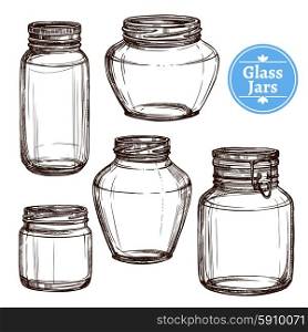 Hand drawn old style glass jars set isolated vector illustration. Glass Jars Set