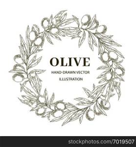 Hand drawn Olive branch wreath banner in vintage design with hand drawn engraved olive tree sketch. Vector illustration.