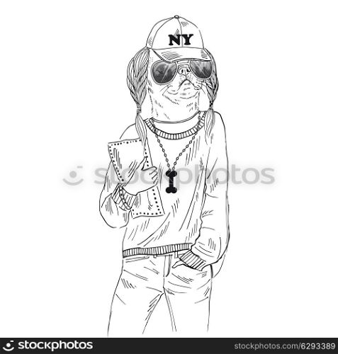 Hand drawn one color sketch of dressed up doggy girl isolated on white, casual look