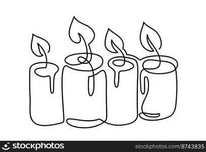Hand drawn one line vector burning four 4 candles logo icon. Continuous Christmas advent outline illustration for greeting card, web design isolated holiday invitation.. Hand drawn one line vector burning four 4 candles logo icon. Continuous Christmas advent outline illustration for greeting card, web design isolated holiday invitation