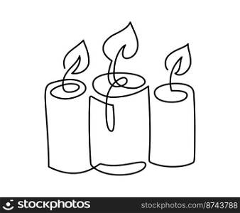 Hand drawn one line vector burning three candles logo icon. Continuous Christmas advent outline illustration for greeting card, web design isolated holiday invitation.. Hand drawn one line vector burning three candles logo icon. Continuous Christmas advent outline illustration for greeting card, web design isolated holiday invitation