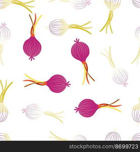 Hand drawn onion bulb seamless pattern. Onion in doodle style endless wallpaper. Vegetarian healthy food backdrop. Design for fabric, textile print, wrapping paper. Vector illustration. Hand drawn onion bulb seamless pattern. Onion in doodle style endless wallpaper.