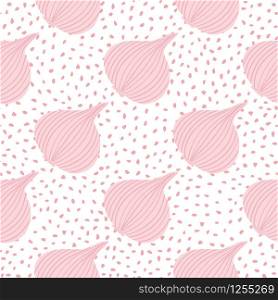 Hand drawn onion bulb vegetable wallpaper. Abstract onion seamless pattern on dots backdrop. Organic texture. Design for fabric, textile print, wrapping paper, kitchen textiles. Vector illustration. Hand drawn onion bulb vegetable wallpaper. Abstract onion seamless pattern on dots backdrop.