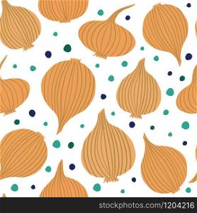 Hand drawn onion bulb vegetable wallpaper. Onion in doodle style seamless pattern on dots background. Vegetarian healthy food. Design for fabric, textile print, wrapping paper. Vector illustration. Hand drawn onion bulb vegetable wallpaper. Onion in doodle style seamless pattern on dots background.