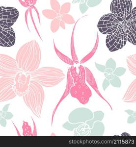 Hand drawn orchids.Vector seamless pattern