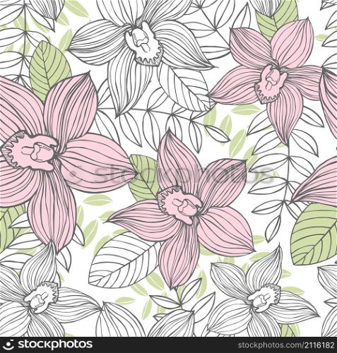 Hand drawn orchids.Vector seamless pattern