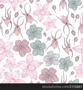 Hand drawn orchids. Vector seamless pattern. Hand drawn orchids.Vector seamless pattern