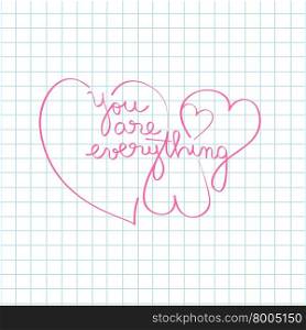 Hand drawn original text doodle composition with hearts over math paper