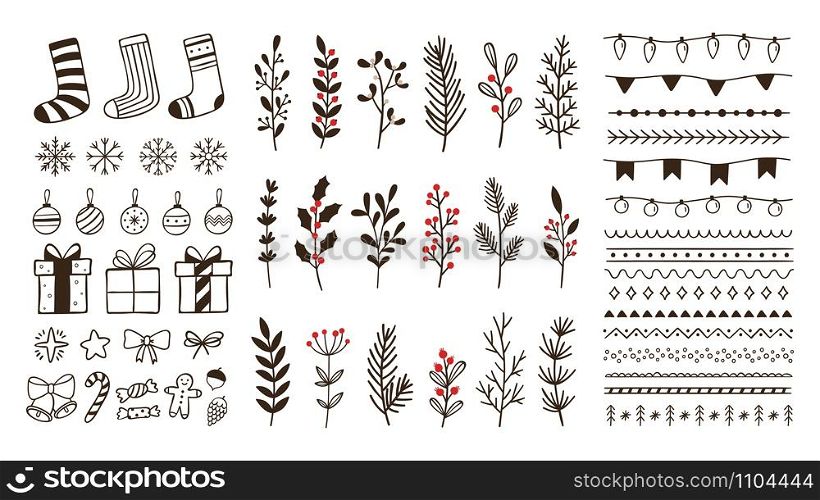 Hand drawn ornamental winter elements. Doodle christmas snowflake, floral branches and decorative borders. Gift boxes, ornament deco borders and Xmas tree leaves. Isolated vector symbols set. Hand drawn ornamental winter elements. Doodle christmas snowflake, floral branches and decorative borders vector set
