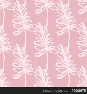 Hand drawn outline branch silouettes seamless pattern. White contoured ornament on pink pastel background. Great for wallpaper, textile, wrapping paper, fabric print. Vector illustration.. Hand drawn outline branch silouettes seamless pattern. White contoured ornament on pink pastel background.
