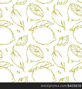 Hand drawn outline lemon seamless pattern yellow on white background. Fruit vector graphic design for menu, package, kitchen textile.