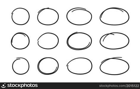 Hand drawn ovals and circles set. Ovals of different widths. Highlight circle frames. Ellipses in doodle style. Set of vector illustration isolated on white background.. Hand drawn ovals and circles set. Ovals of different widths. Highlight circle frames. Ellipses in doodle style. Set of vector illustration isolated on white background